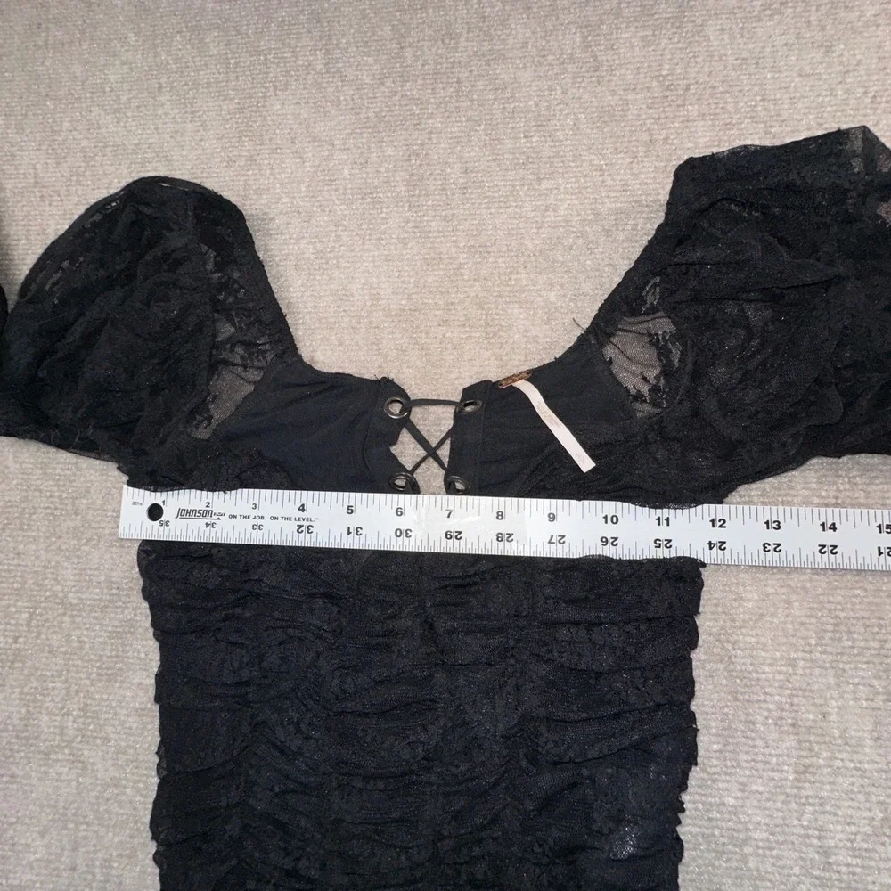 Free People Black Lace Ruched Corset Crop Top Long Sleeve Gothic Sweetheart S